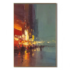 Ownanart Hand-Painted Rainy City Street Oil Painting | Modern Impressionist Urban Night Scene with Red & Golden Lights, Wet Street Reflections & Textured Wall Art for Living Room and Bedroom # OA 1357