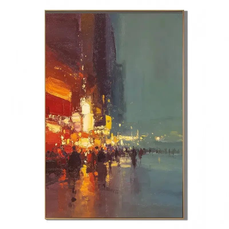 Ownanart Hand-Painted Rainy City Street Oil Painting | Modern Impressionist Urban Night Scene with Red & Golden Lights, Wet Street Reflections & Textured Wall Art for Living Room and Bedroom # OA 1357