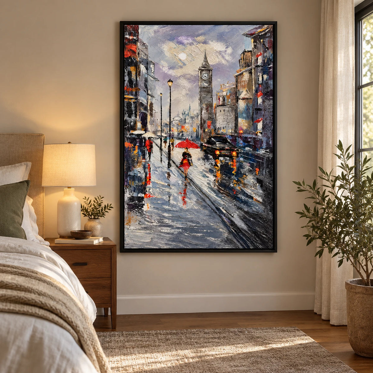 Ownanart Hand-Painted Rainy Clock Tower Street with Red Umbrella and Black Car Oil Painting – 3D Textured Vertical Impasto Canvas Wall Art for Living Room Bedroom Entryway and Office #OA 1594