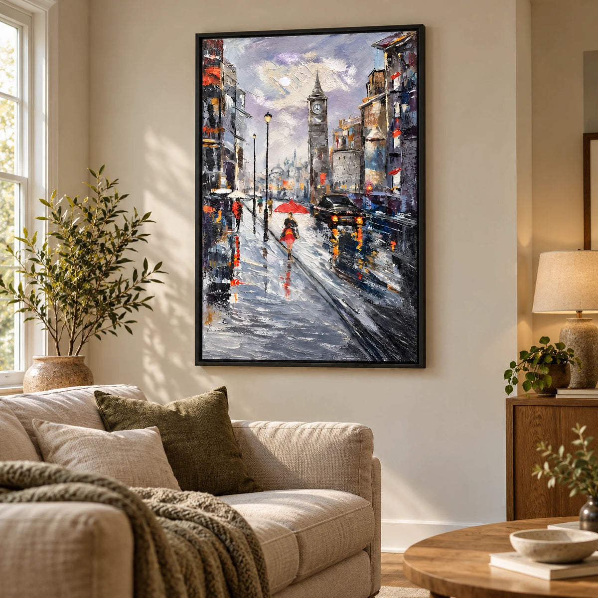Ownanart Hand-Painted Rainy Clock Tower Street with Red Umbrella and Black Car Oil Painting – 3D Textured Vertical Impasto Canvas Wall Art for Living Room Bedroom Entryway and Office #OA 1594