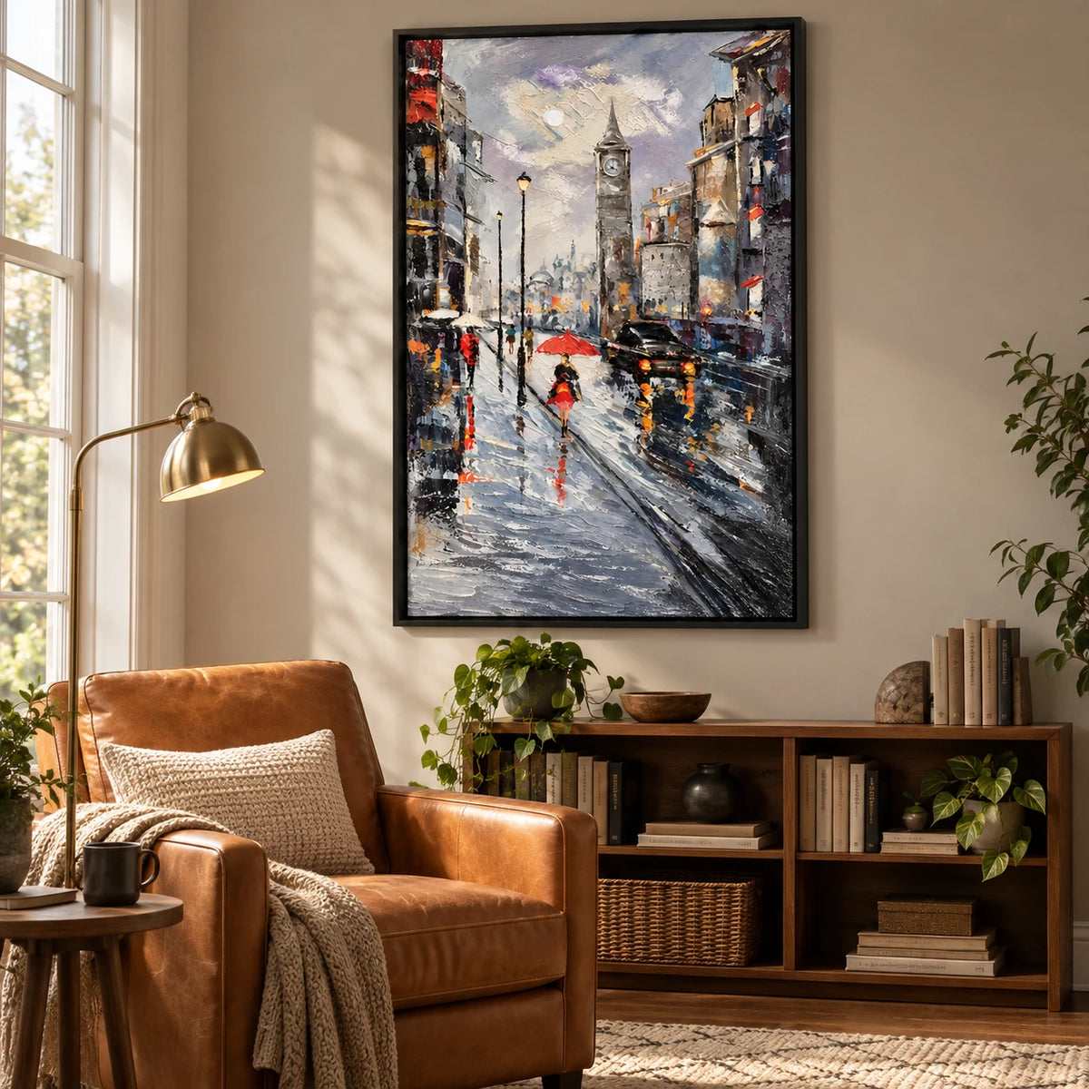 Ownanart Hand-Painted Rainy Clock Tower Street with Red Umbrella and Black Car Oil Painting – 3D Textured Vertical Impasto Canvas Wall Art for Living Room Bedroom Entryway and Office #OA 1594