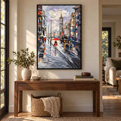 Rainy Clock Tower Street with Red Umbrella and Black Car Oil Painting – 3D Textured Vertical Impasto Canvas Wall Art #OA 1594