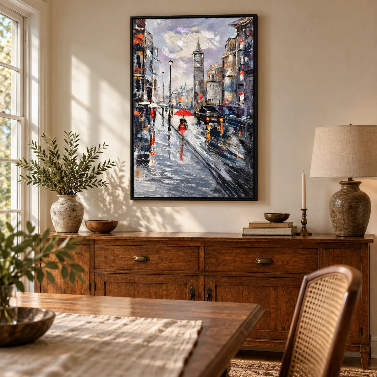 Ownanart Hand-Painted Rainy Clock Tower Street with Red Umbrella and Black Car Oil Painting – 3D Textured Vertical Impasto Canvas Wall Art for Living Room Bedroom Entryway and Office #OA 1594