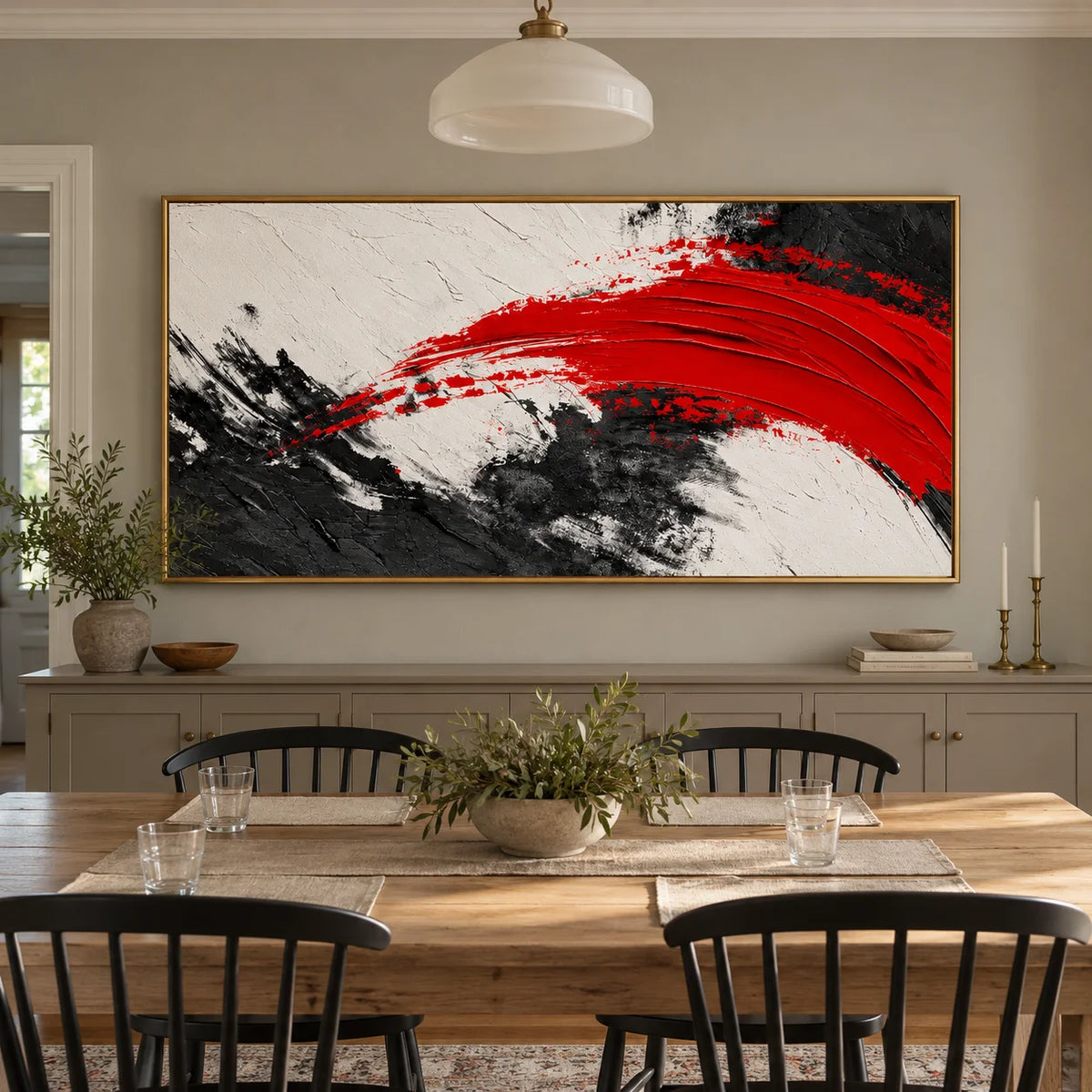 Ownanart Hand-Painted Red Black and White Abstract Oil Painting – Bold Sweeping Brushstroke, Textured Horizontal Canvas Wall Art