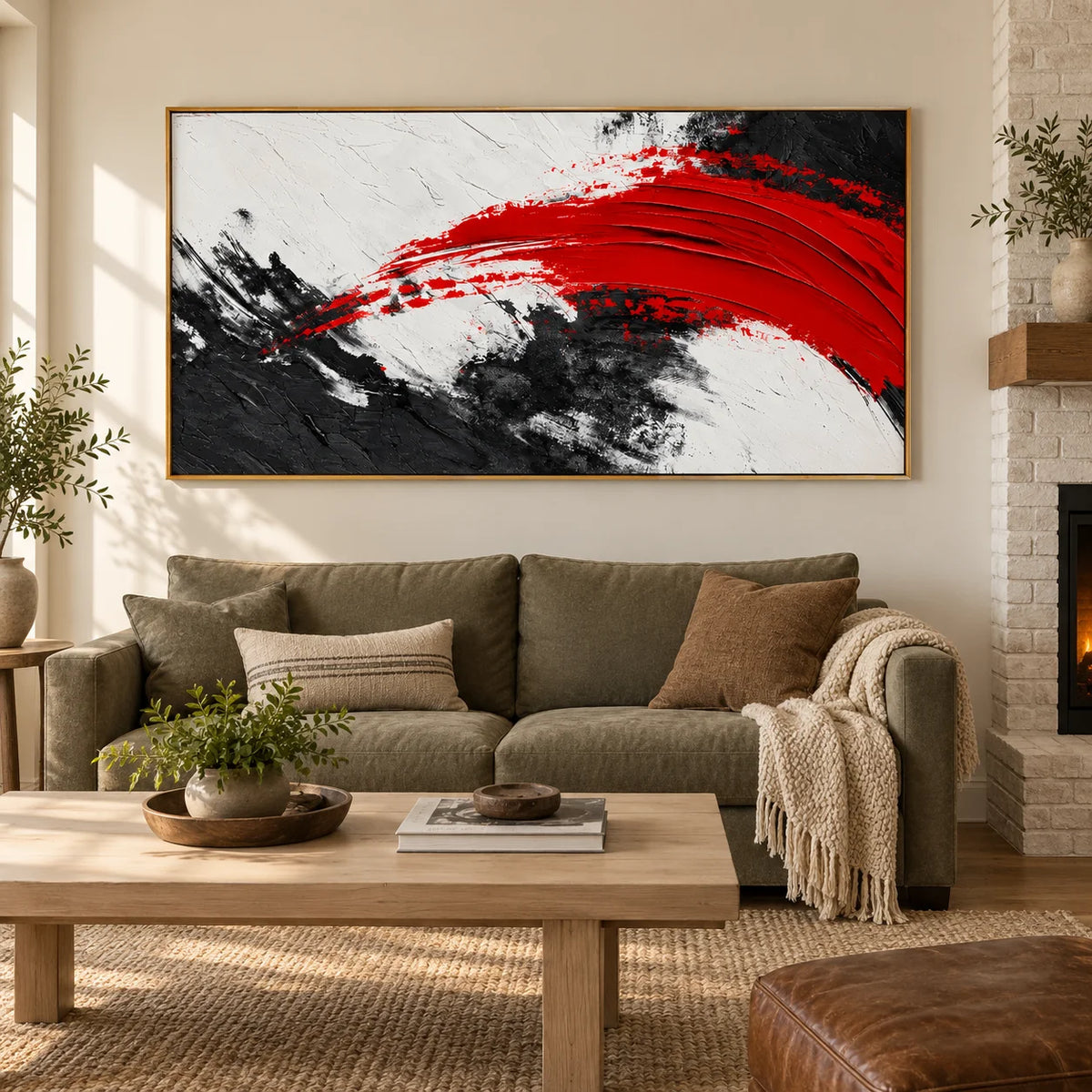 Ownanart Hand-Painted Red Black and White Abstract Oil Painting – Bold Sweeping Brushstroke, Textured Horizontal Canvas Wall Art