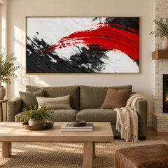 Ownanart Hand-Painted Red Black and White Abstract Oil Painting – Bold Sweeping Brushstroke, Textured Horizontal Canvas Wall Art #OA 1446