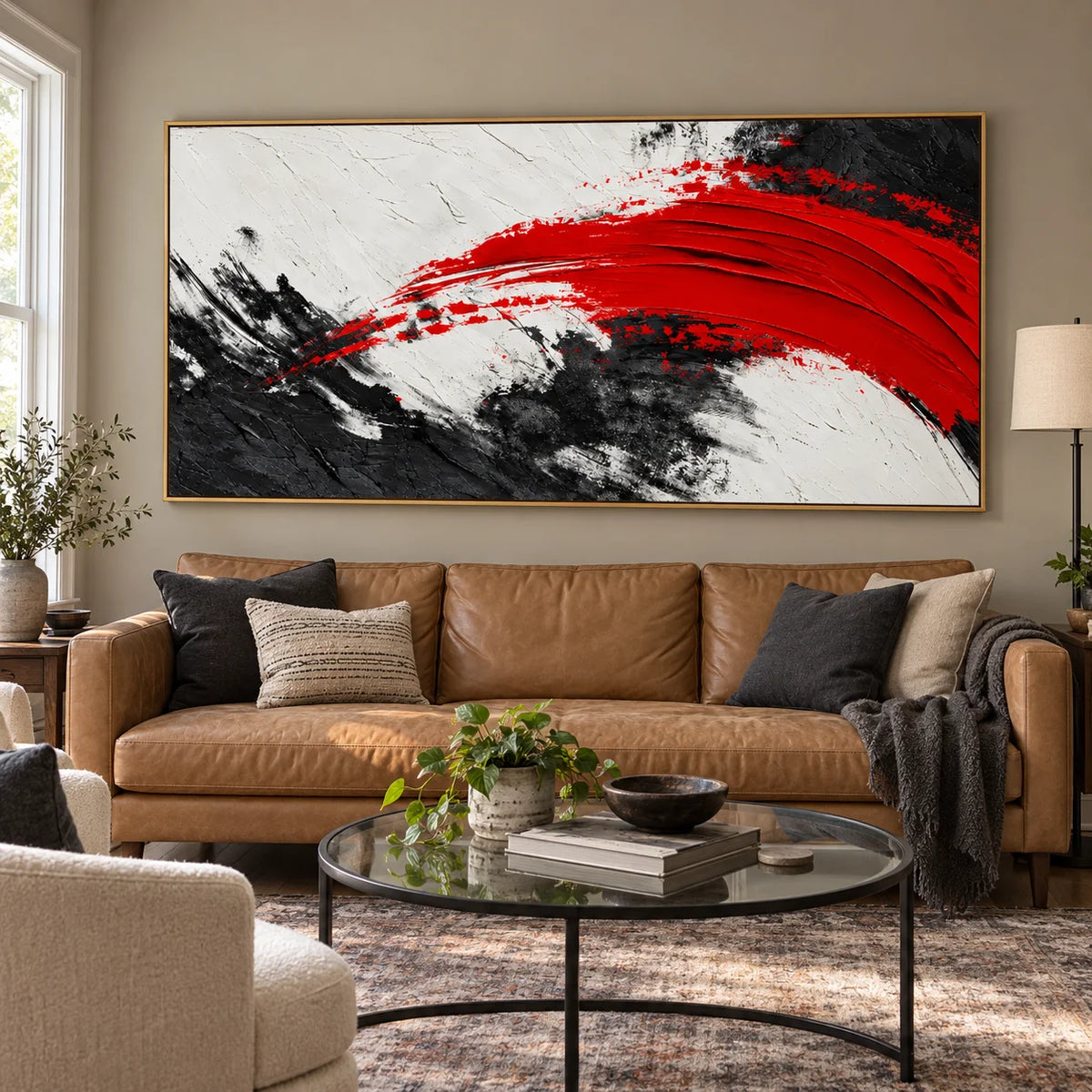 Ownanart Hand-Painted Red Black and White Abstract Oil Painting – Bold Sweeping Brushstroke, Textured Horizontal Canvas Wall Art