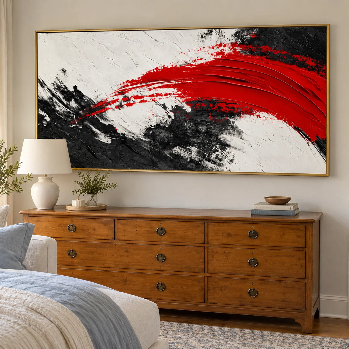 Ownanart Hand-Painted Red Black and White Abstract Oil Painting – Bold Sweeping Brushstroke, Textured Horizontal Canvas Wall Art