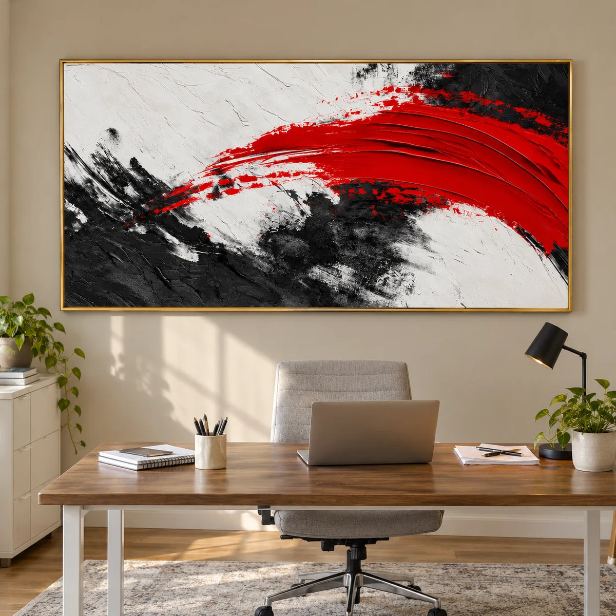 Ownanart Hand-Painted Red Black and White Abstract Oil Painting – Bold Sweeping Brushstroke, Textured Horizontal Canvas Wall Art