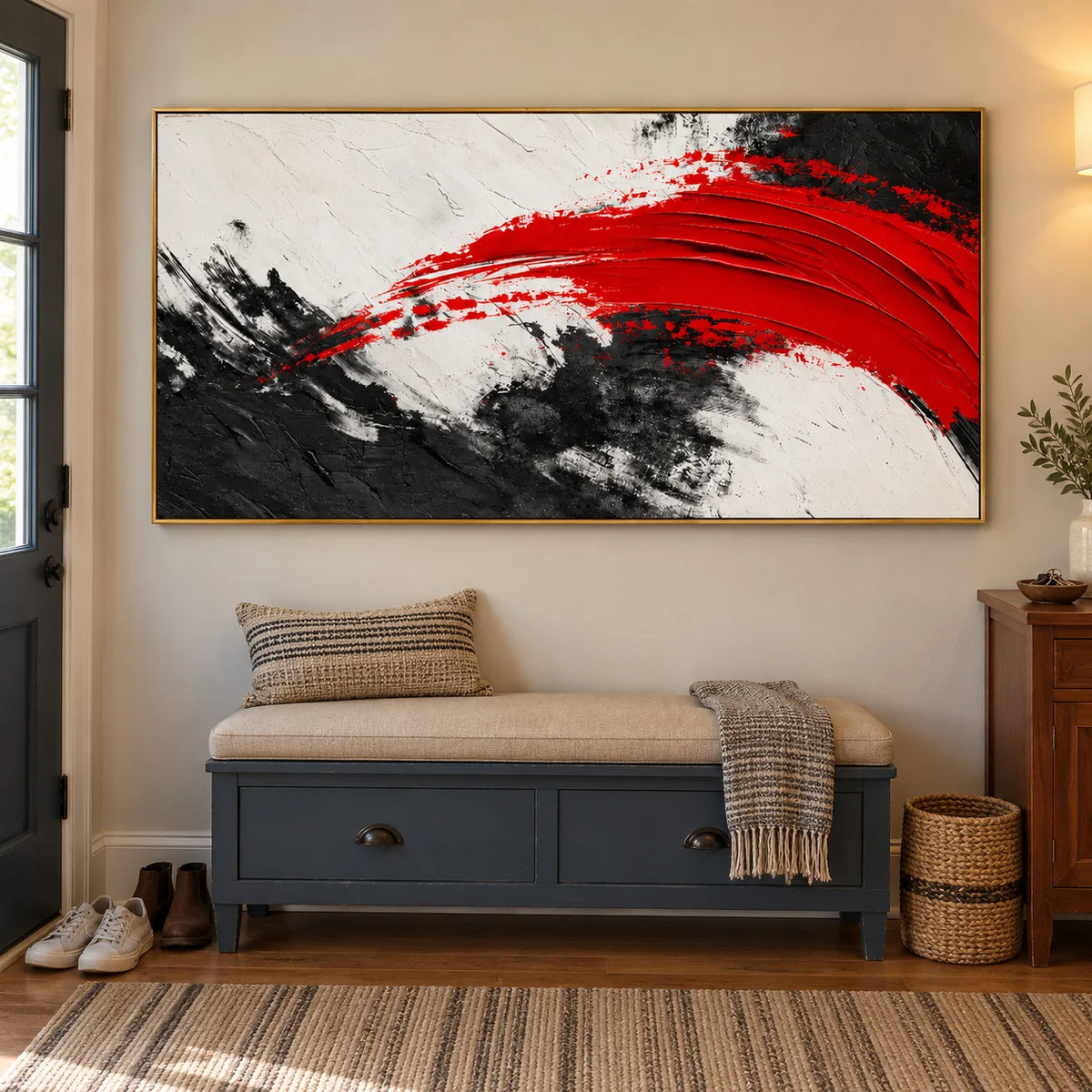 Ownanart Hand-Painted Red Black and White Abstract Oil Painting – Bold Sweeping Brushstroke, Textured Horizontal Canvas Wall Art