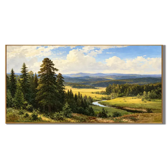 Ownanart Hand-Painted River Valley Landscape Oil Painting – Winding River, Pine Forest and Sunlit Meadow Wall Art for Living Room #OA 1398