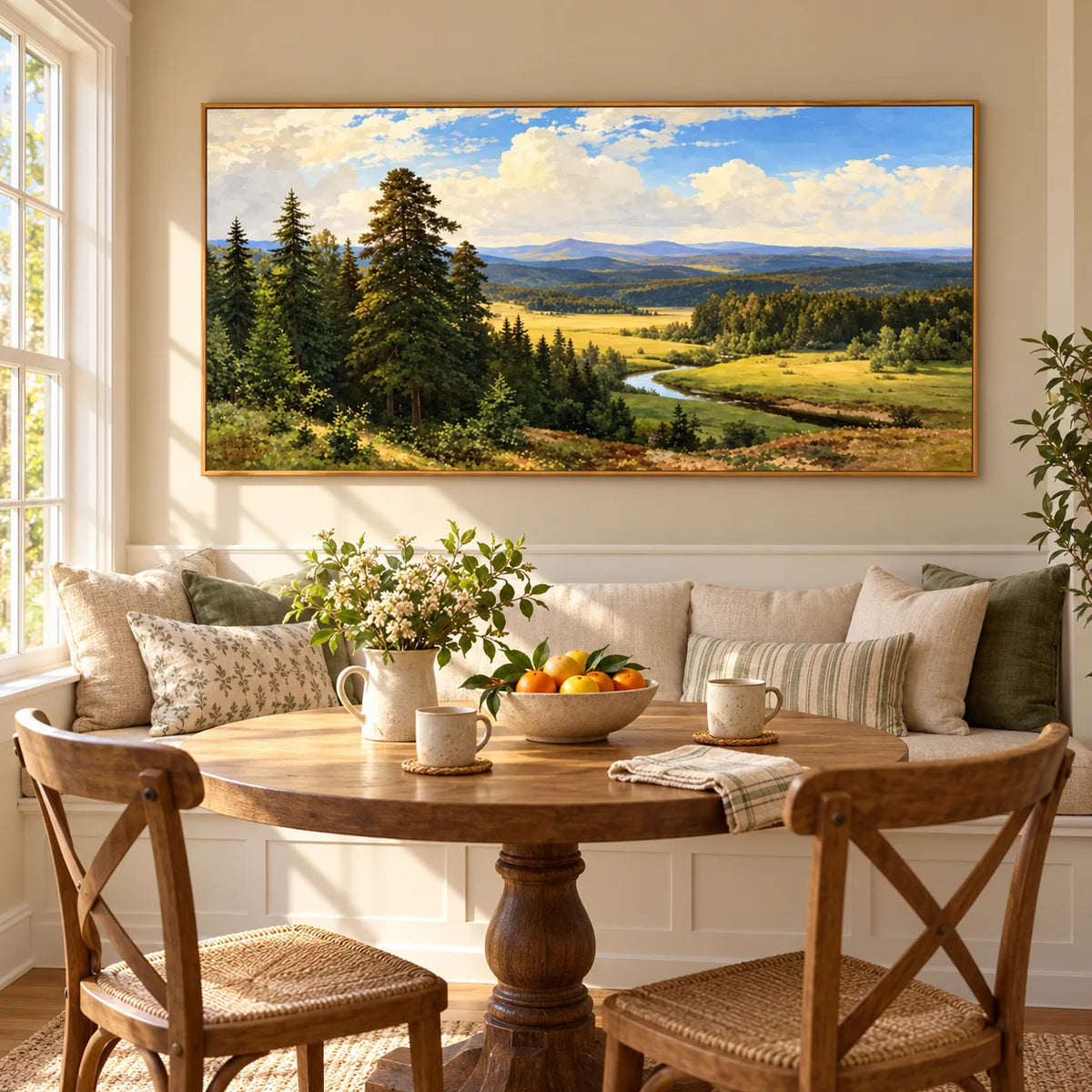 Ownanart Hand-Painted River Valley Landscape Oil Painting – Winding River, Pine Forest and Sunlit Meadow Wall Art for Living Room