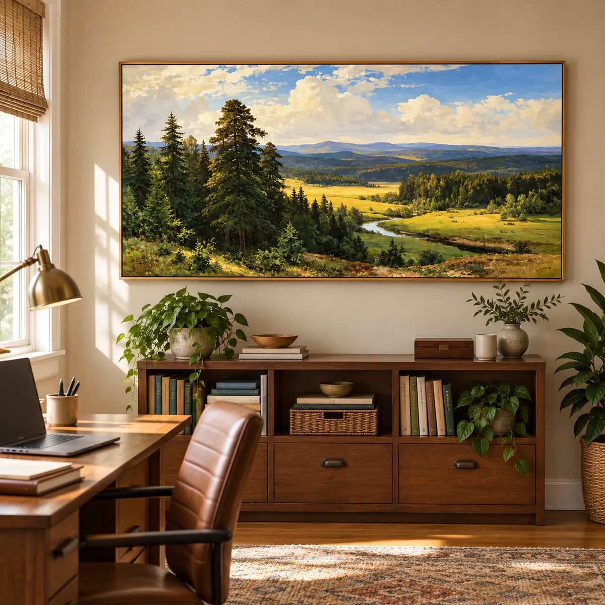 Ownanart Hand-Painted River Valley Landscape Oil Painting – Winding River, Pine Forest and Sunlit Meadow Wall Art for Living Room