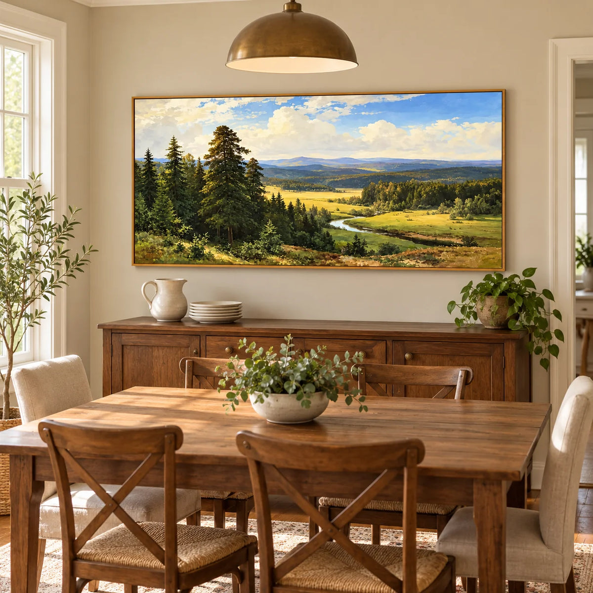 Ownanart Hand-Painted River Valley Landscape Oil Painting – Winding River, Pine Forest and Sunlit Meadow Wall Art for Living Room