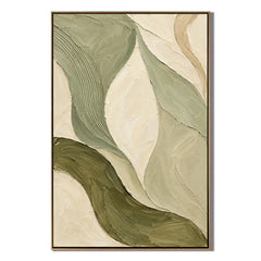 Ownanart Hand-Painted Sage Green & Cream Abstract Oil Painting – Textured Organic Curves, Vertical Wabi-Sabi Wall Art #OA 1413