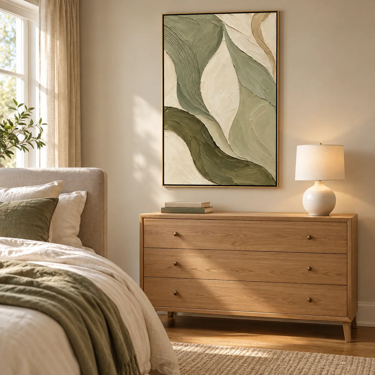 Ownanart Hand-Painted Sage Green & Cream Abstract Oil Painting – Textured Organic Curves, Vertical Wabi-Sabi Wall Art
