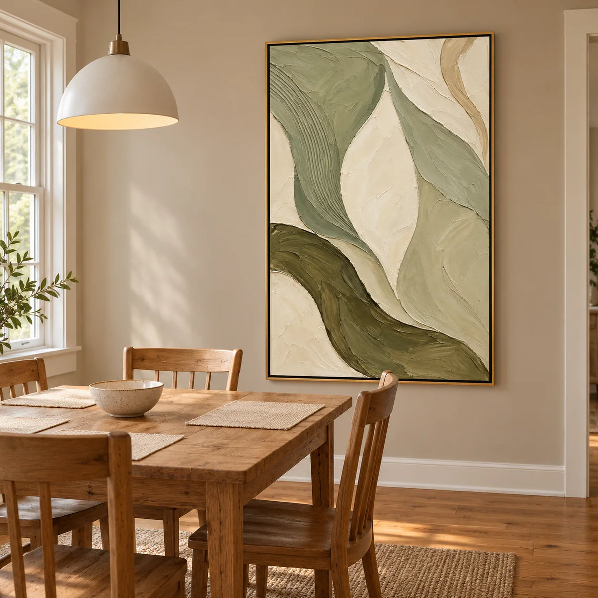 Ownanart Hand-Painted Sage Green & Cream Abstract Oil Painting – Textured Organic Curves, Vertical Wabi-Sabi Wall Art