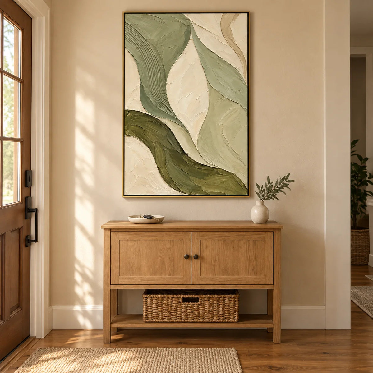 Ownanart Hand-Painted Sage Green & Cream Abstract Oil Painting – Textured Organic Curves, Vertical Wabi-Sabi Wall Art