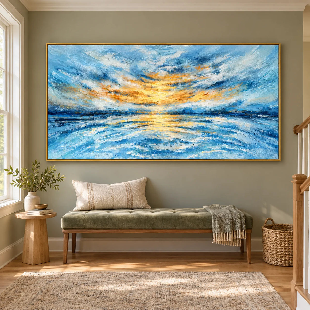 Ownanart Hand-Painted Blue and Gold Sunset Seascape Oil Painting – Textured Ocean Waves, Large Horizontal Canvas Wall Art