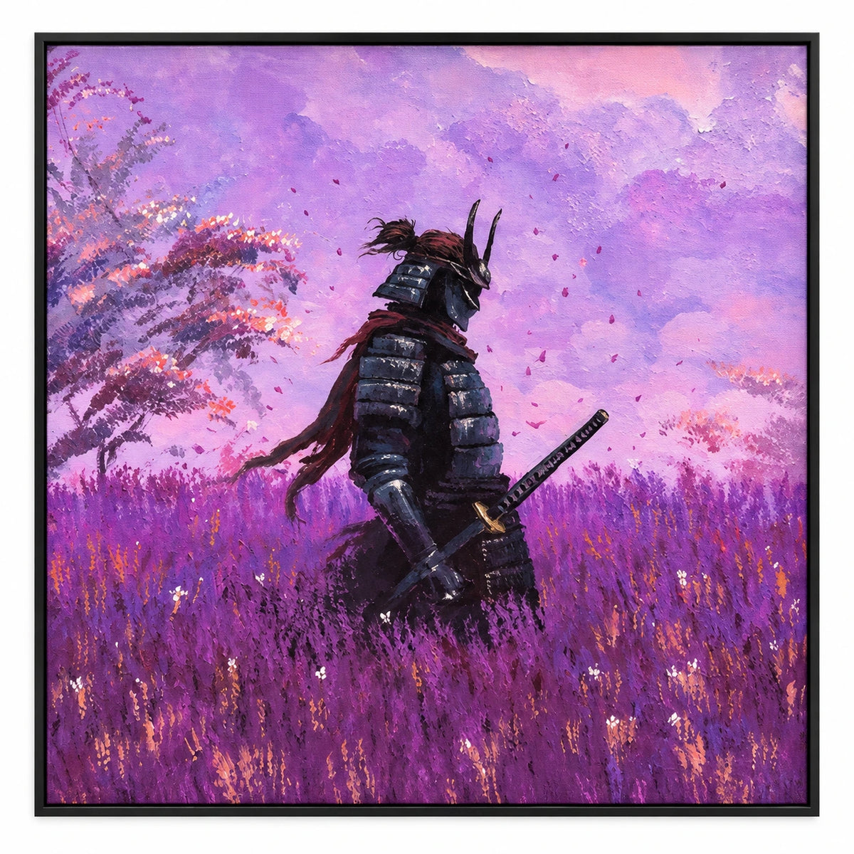 Ownanart Hand-Painted Samurai in Purple Flower Fields Oil Painting – Japanese Warrior with Katana, Textured Square Canvas Wall Art for Living Room Bedroom and Office #OA 1597