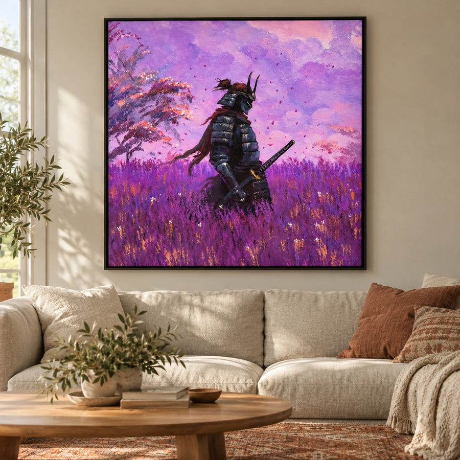 Samurai in Purple Flower Fields Oil Painting | Japanese Warrior & Katana Textured Wall Art #OA 1597