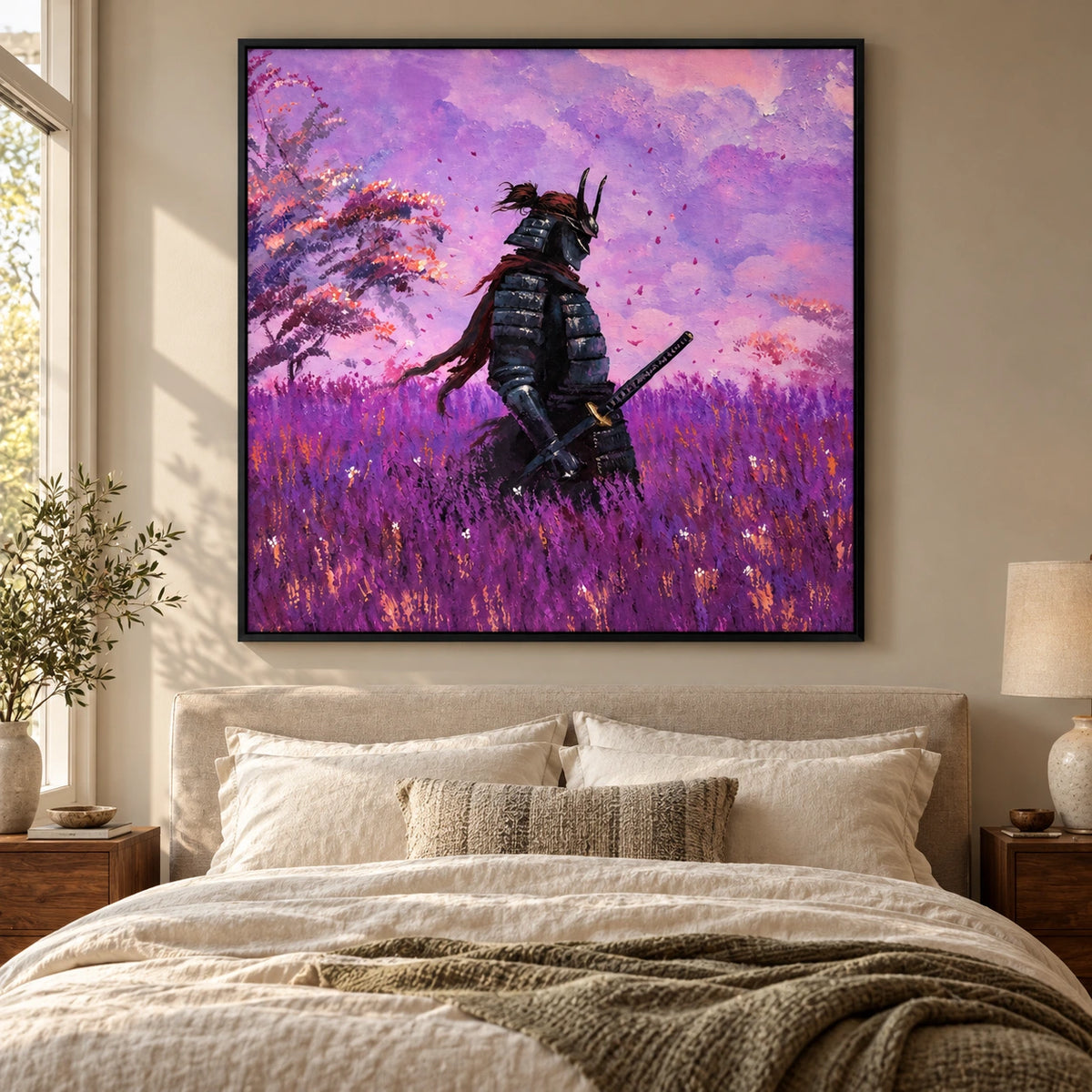 Ownanart Hand-Painted Samurai in Purple Flower Fields Oil Painting – Japanese Warrior with Katana, Textured Square Canvas Wall Art for Living Room Bedroom and Office #OA 1597