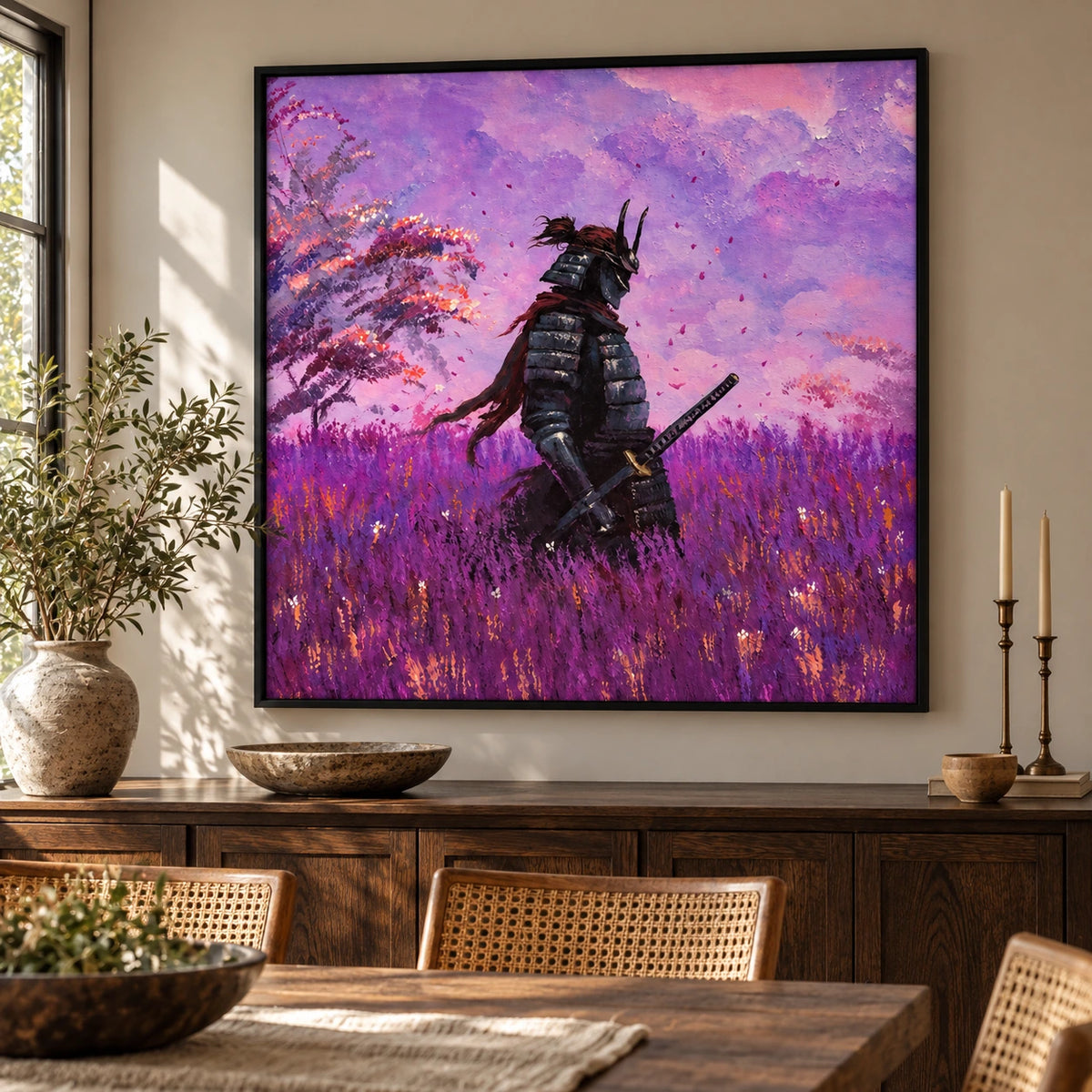 Ownanart Hand-Painted Samurai in Purple Flower Fields Oil Painting – Japanese Warrior with Katana, Textured Square Canvas Wall Art for Living Room Bedroom and Office #OA 1597