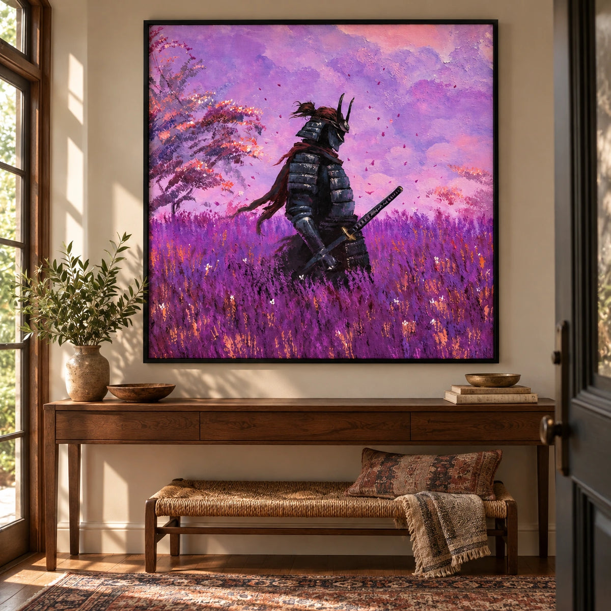Ownanart Hand-Painted Samurai in Purple Flower Fields Oil Painting – Japanese Warrior with Katana, Textured Square Canvas Wall Art for Living Room Bedroom and Office #OA 1597