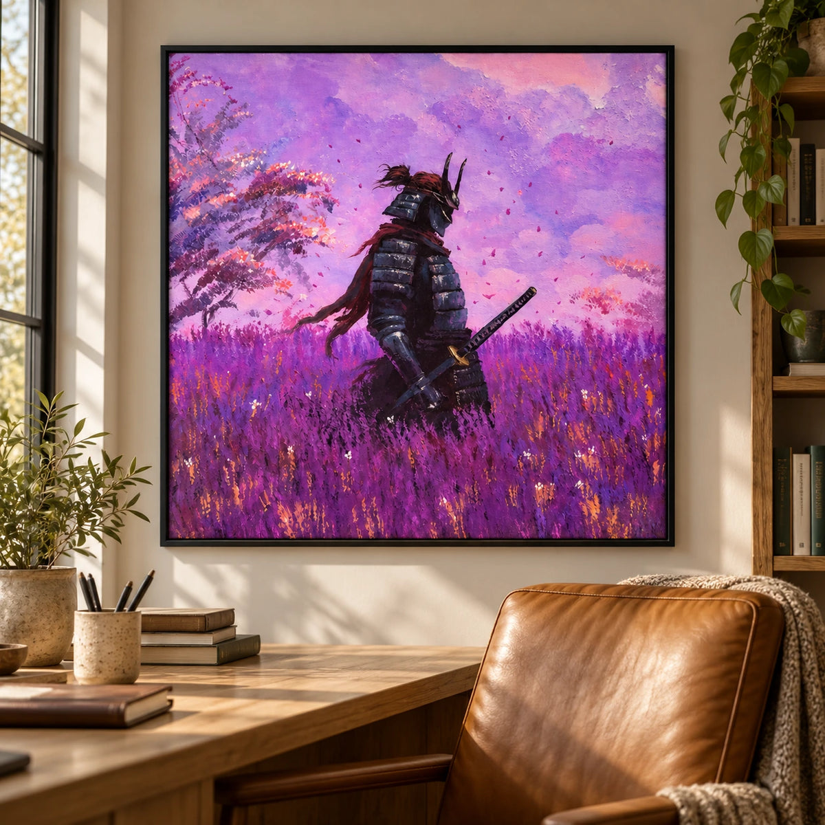 Ownanart Hand-Painted Samurai in Purple Flower Fields Oil Painting – Japanese Warrior with Katana, Textured Square Canvas Wall Art for Living Room Bedroom and Office #OA 1597