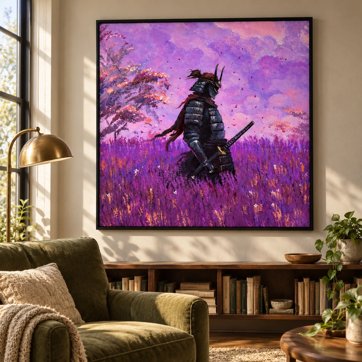 Ownanart Hand-Painted Samurai in Purple Flower Fields Oil Painting – Japanese Warrior with Katana, Textured Square Canvas Wall Art for Living Room Bedroom and Office #OA 1597