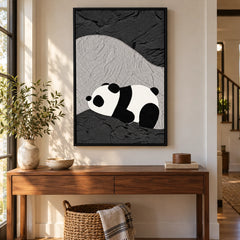 Sleeping Panda on Abstract Black and Gray Terrain Oil Painting – 3D Textured Vertical Impasto Canvas Wall Art #OA 1596