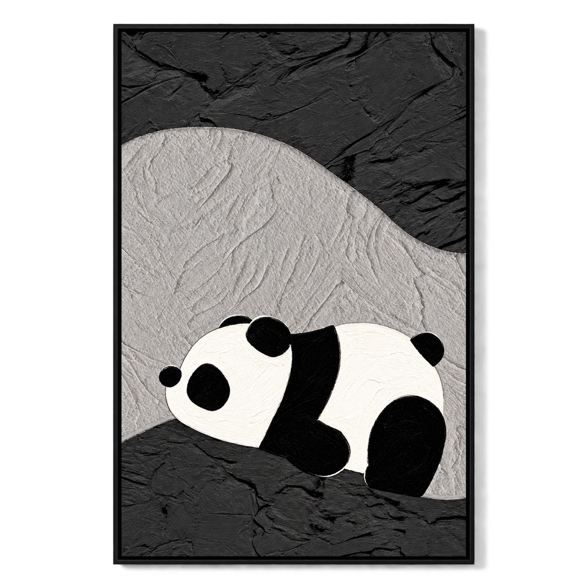 Ownanart Hand-Painted Sleeping Panda on Abstract Black and Gray Terrain Oil Painting – 3D Textured Vertical Impasto Canvas Wall Art for Living Room Bedroom Entryway and Office #OA 1596