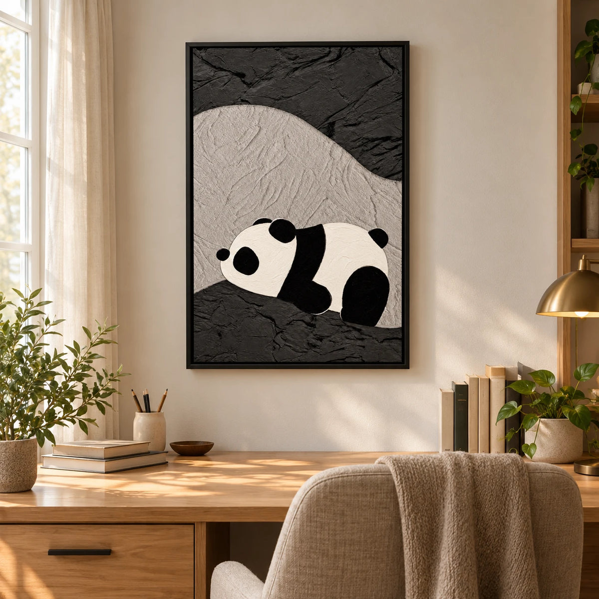 Ownanart Hand-Painted Sleeping Panda on Abstract Black and Gray Terrain Oil Painting – 3D Textured Vertical Impasto Canvas Wall Art for Living Room Bedroom Entryway and Office #OA 1596
