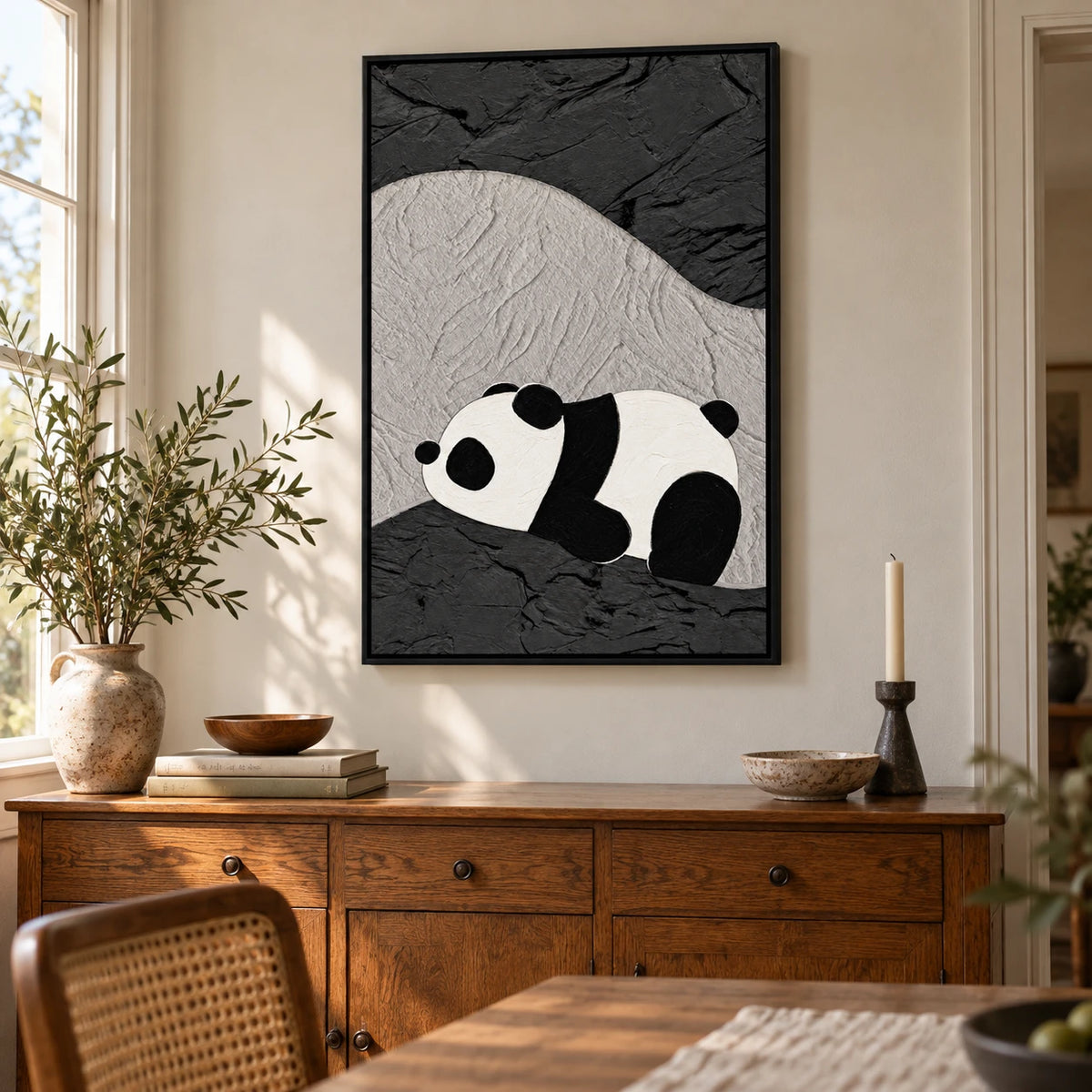 Ownanart Hand-Painted Sleeping Panda on Abstract Black and Gray Terrain Oil Painting – 3D Textured Vertical Impasto Canvas Wall Art for Living Room Bedroom Entryway and Office #OA 1596