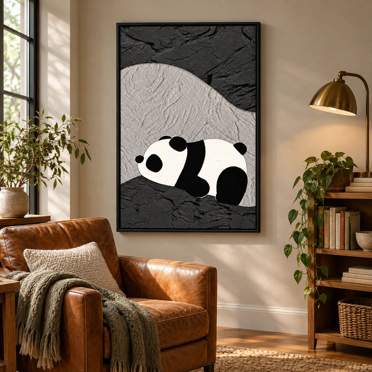 Ownanart Hand-Painted Sleeping Panda on Abstract Black and Gray Terrain Oil Painting – 3D Textured Vertical Impasto Canvas Wall Art for Living Room Bedroom Entryway and Office #OA 1596