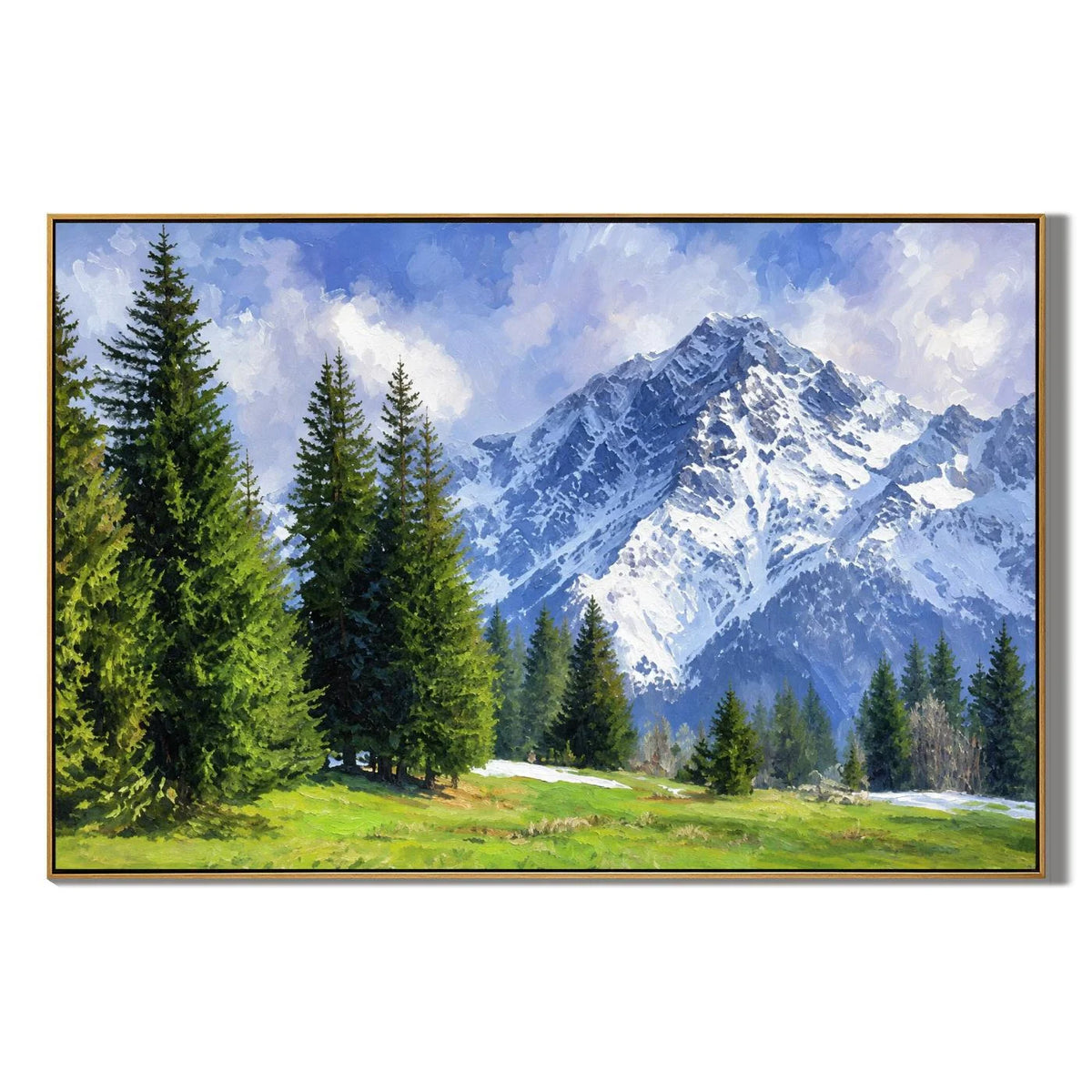 Ownanart Hand-Painted Snow Mountain Landscape Oil Painting – Evergreen Pine Forest and Sunlit Alpine Meadow Wall Art for Living Room