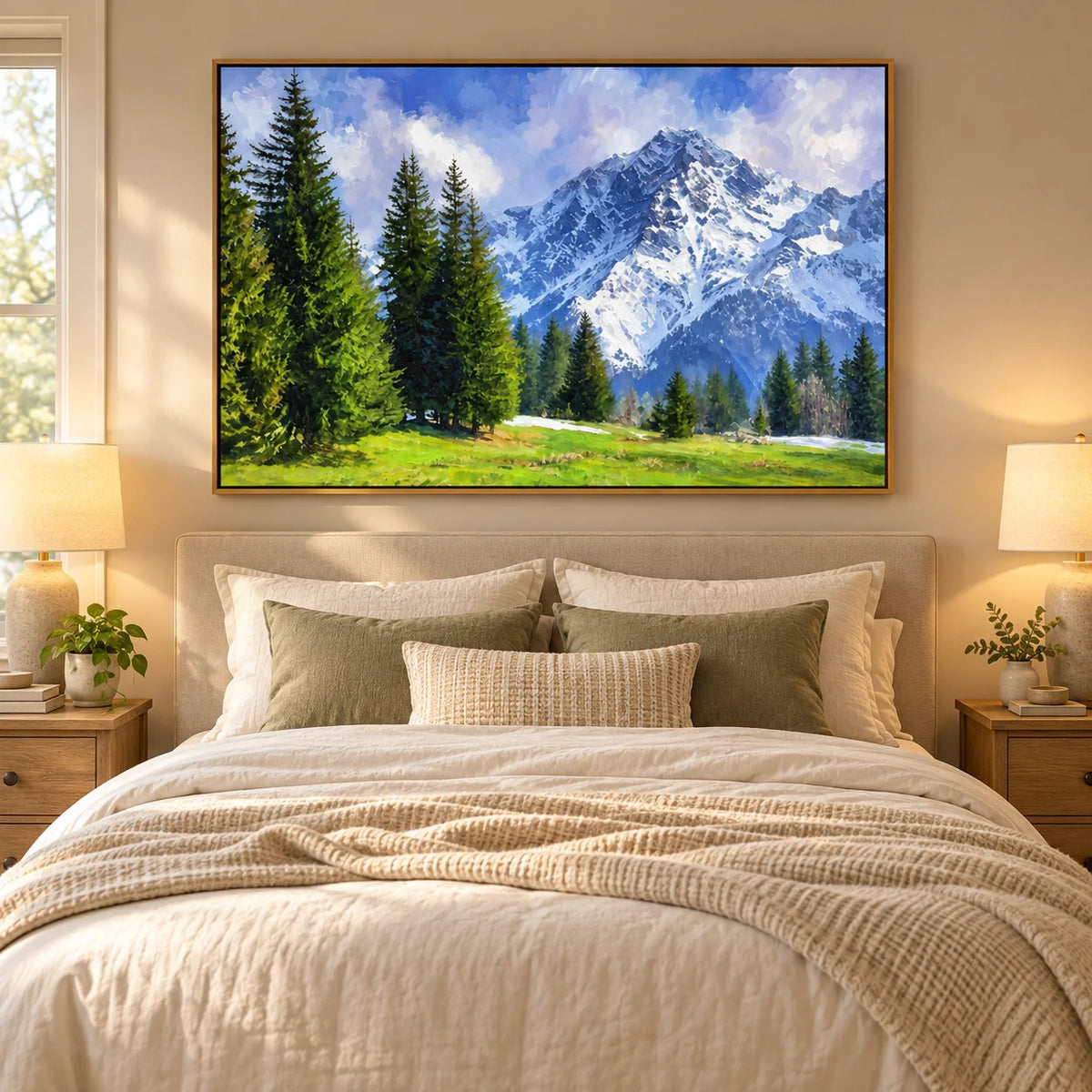 Ownanart Hand-Painted Snow Mountain Landscape Oil Painting – Evergreen Pine Forest and Sunlit Alpine Meadow Wall Art for Living Room