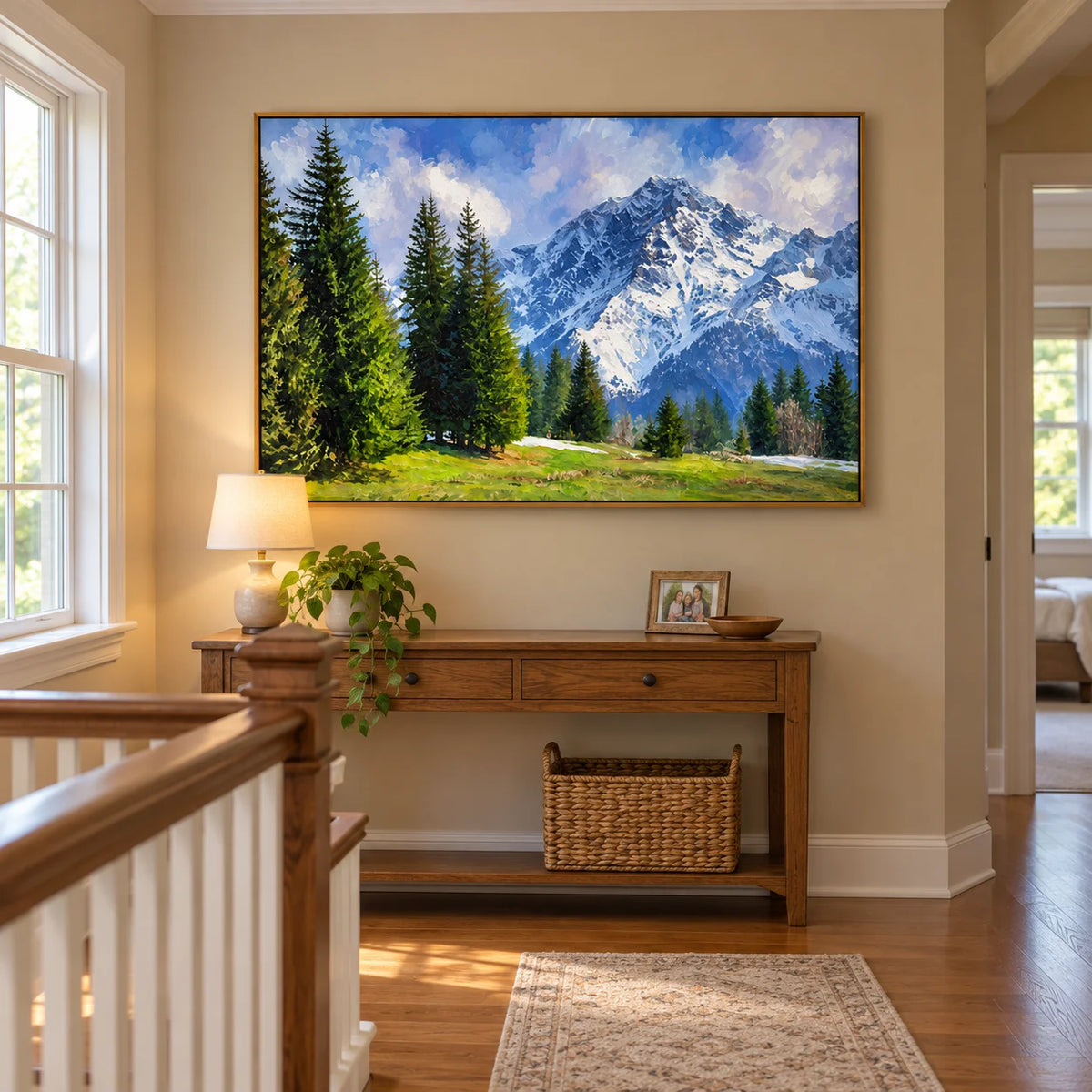 Ownanart Hand-Painted Snow Mountain Landscape Oil Painting – Evergreen Pine Forest and Sunlit Alpine Meadow Wall Art for Living Room
