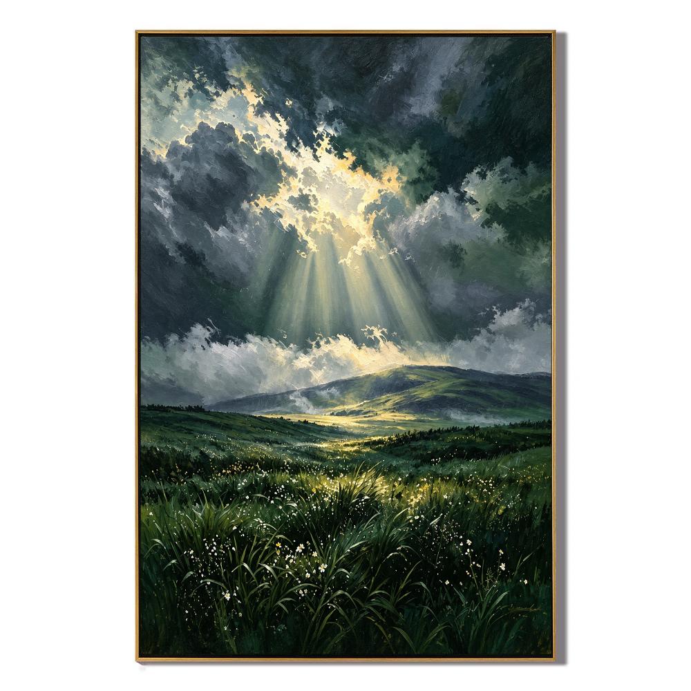Ownanart Hand-Painted Stormy Sky and Sunlit Valley Oil Painting | Green Meadow Landscape Wall Art #OA 1396