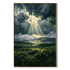 Ownanart Hand-Painted Stormy Sky and Sunlit Valley Oil Painting | Green Meadow Landscape Wall Art #OA 1396