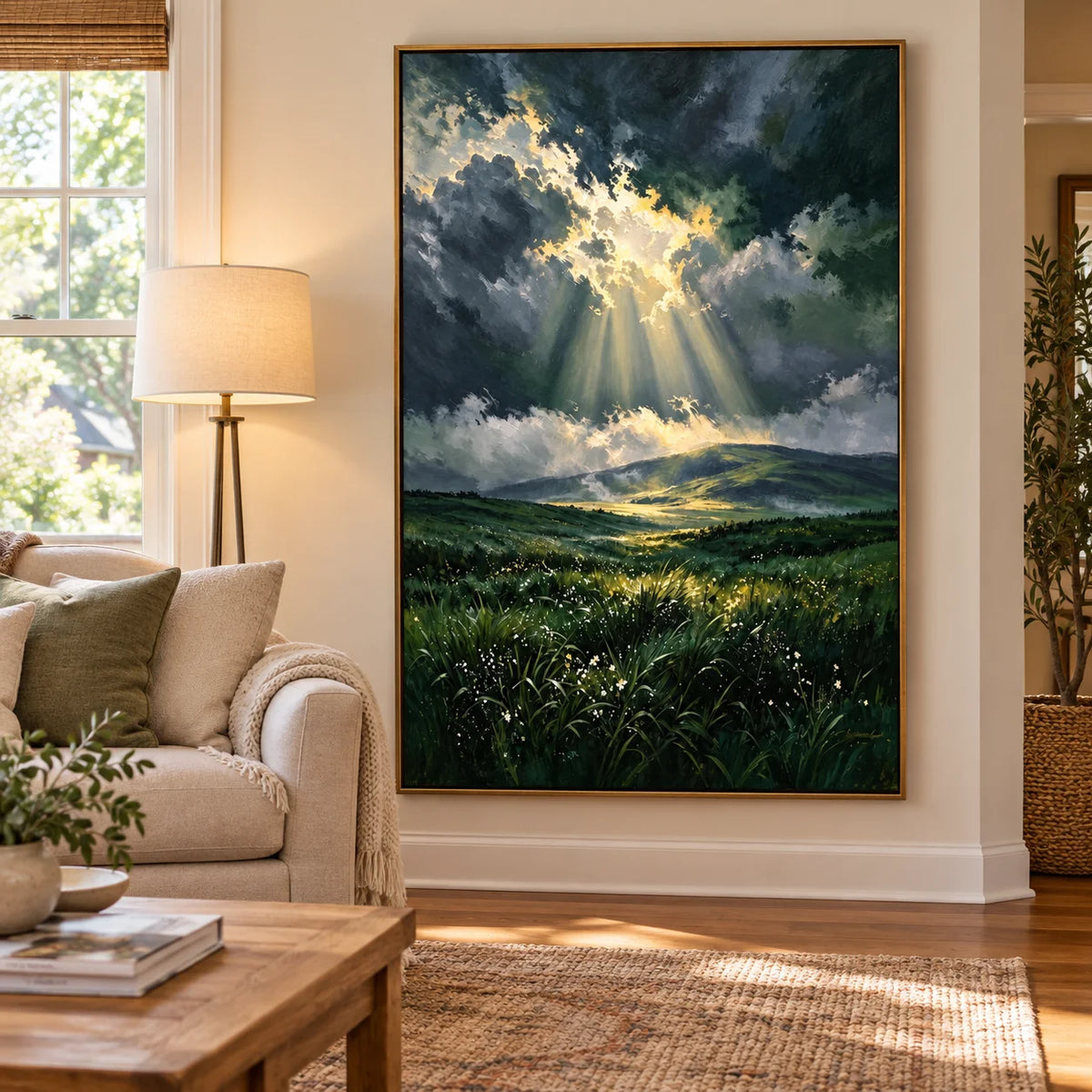 Ownanart Hand-Painted Stormy Sky and Sunlit Valley Oil Painting | Green Meadow Landscape Wall Art