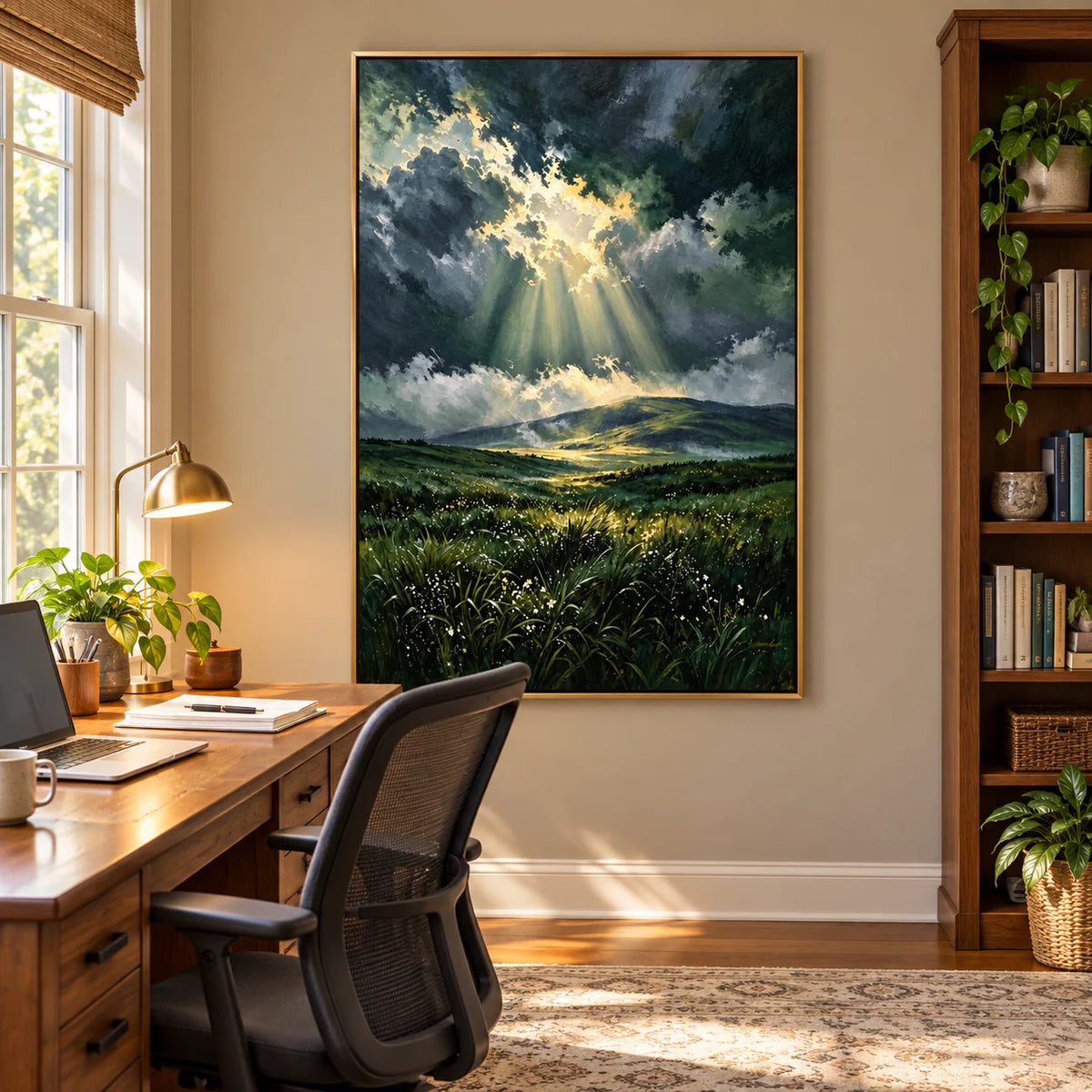 Ownanart Hand-Painted Stormy Sky and Sunlit Valley Oil Painting | Green Meadow Landscape Wall Art