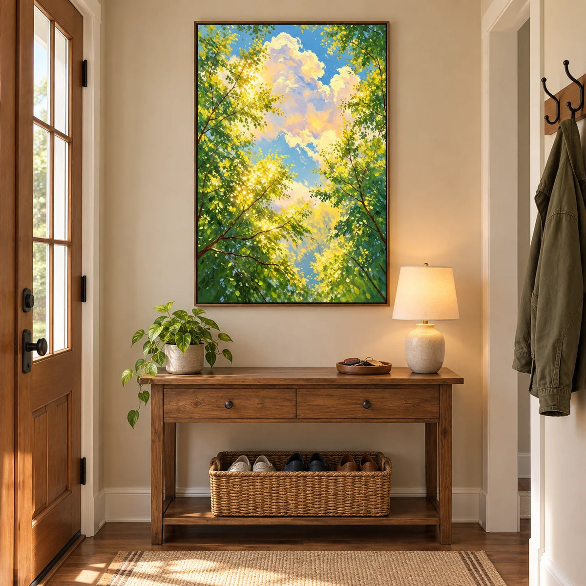 Ownanart Hand-Painted Sunlit Forest Canopy Oil Painting – Green Tree Leaves, Blue Sky and Clouds Vertical Nature Wall Art