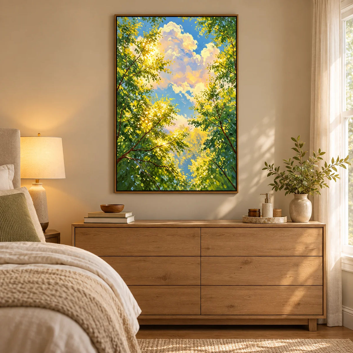 Ownanart Hand-Painted Sunlit Forest Canopy Oil Painting – Green Tree Leaves, Blue Sky and Clouds Vertical Nature Wall Art