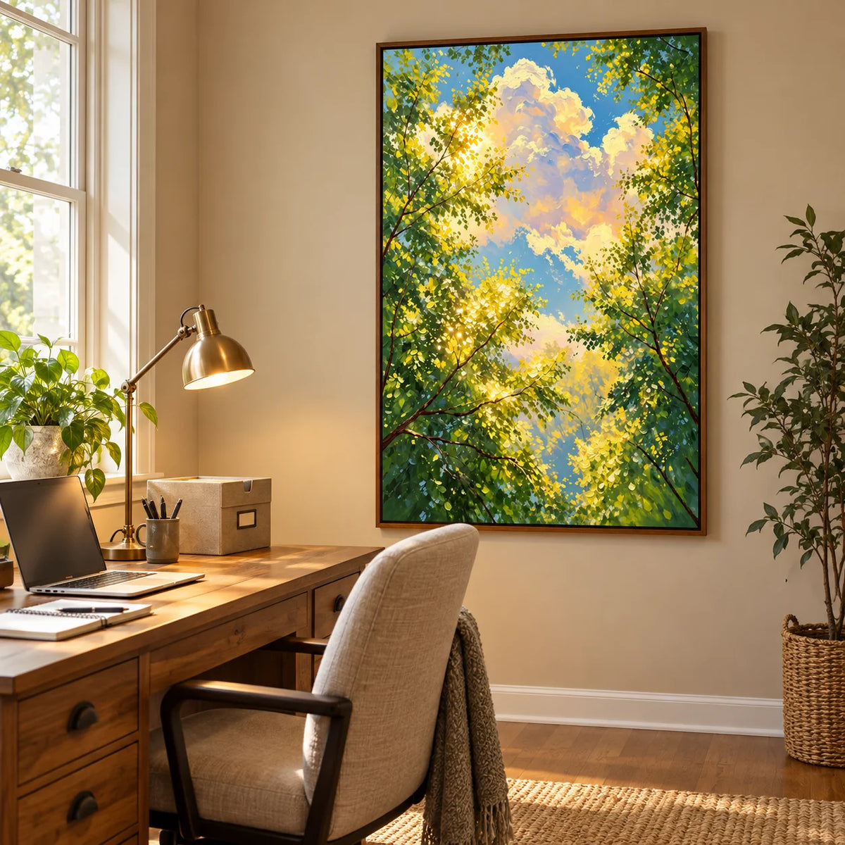 Ownanart Hand-Painted Sunlit Forest Canopy Oil Painting – Green Tree Leaves, Blue Sky and Clouds Vertical Nature Wall Art