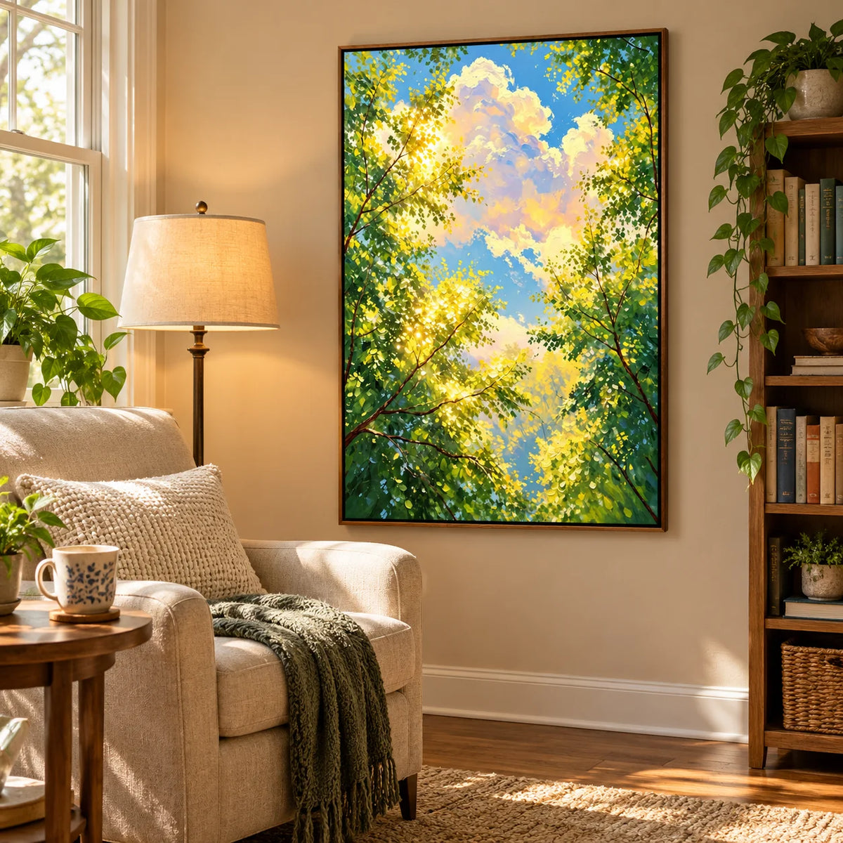 Ownanart Hand-Painted Sunlit Forest Canopy Oil Painting – Green Tree Leaves, Blue Sky and Clouds Vertical Nature Wall Art