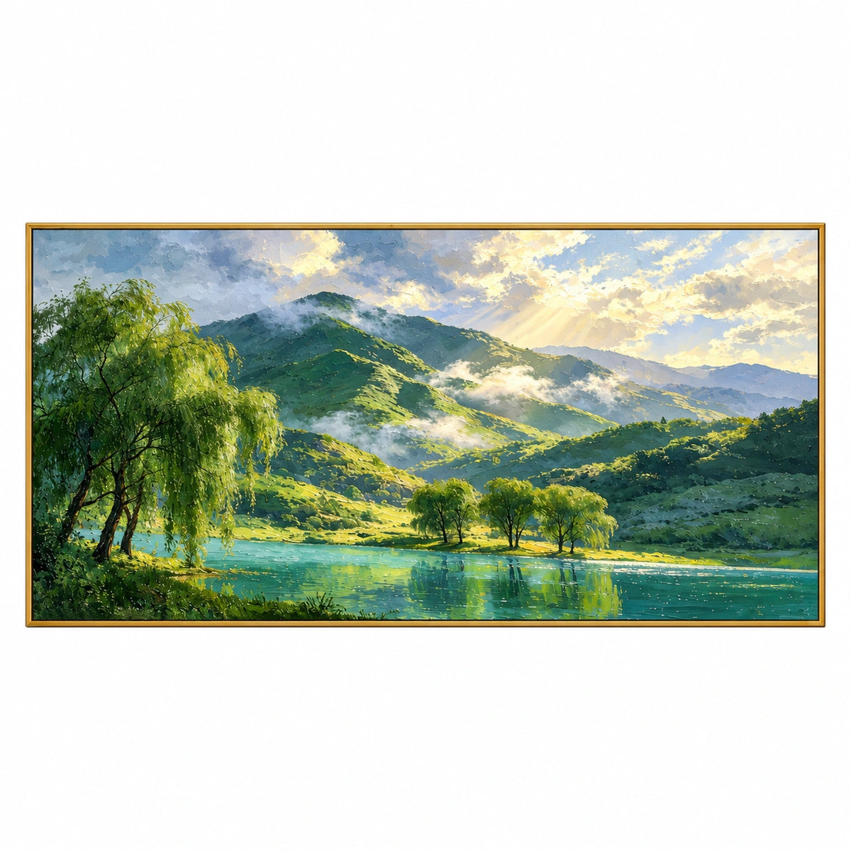Ownanart Hand-Painted Sunlit Green Mountains and Turquoise Lake Oil Painting – Willow Trees and Golden Sunbeams, Panoramic Landscape Canvas Wall Art for Living Room Bedroom and Office #OA 1598