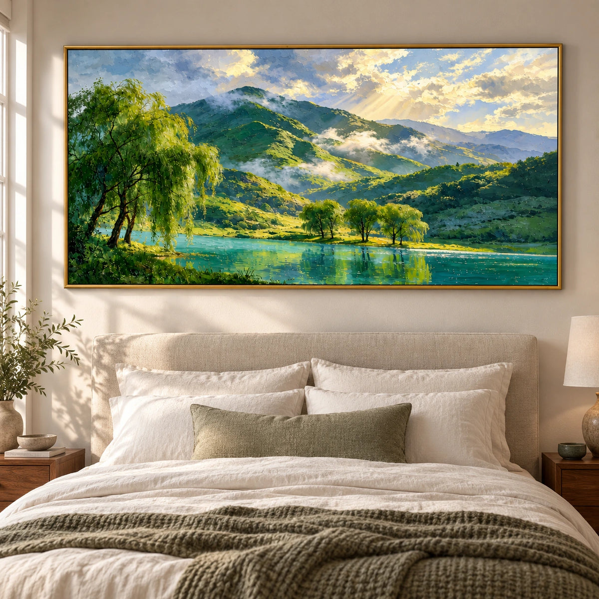 Ownanart Hand-Painted Sunlit Green Mountains and Turquoise Lake Oil Painting – Willow Trees and Golden Sunbeams, Panoramic Landscape Canvas Wall Art for Living Room Bedroom and Office #OA 1598