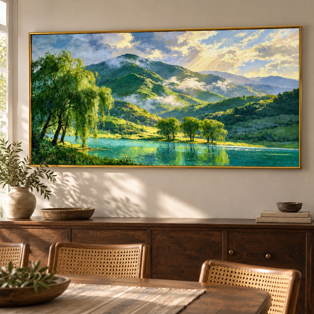 Ownanart Hand-Painted Sunlit Green Mountains and Turquoise Lake Oil Painting – Willow Trees and Golden Sunbeams, Panoramic Landscape Canvas Wall Art for Living Room Bedroom and Office #OA 1598