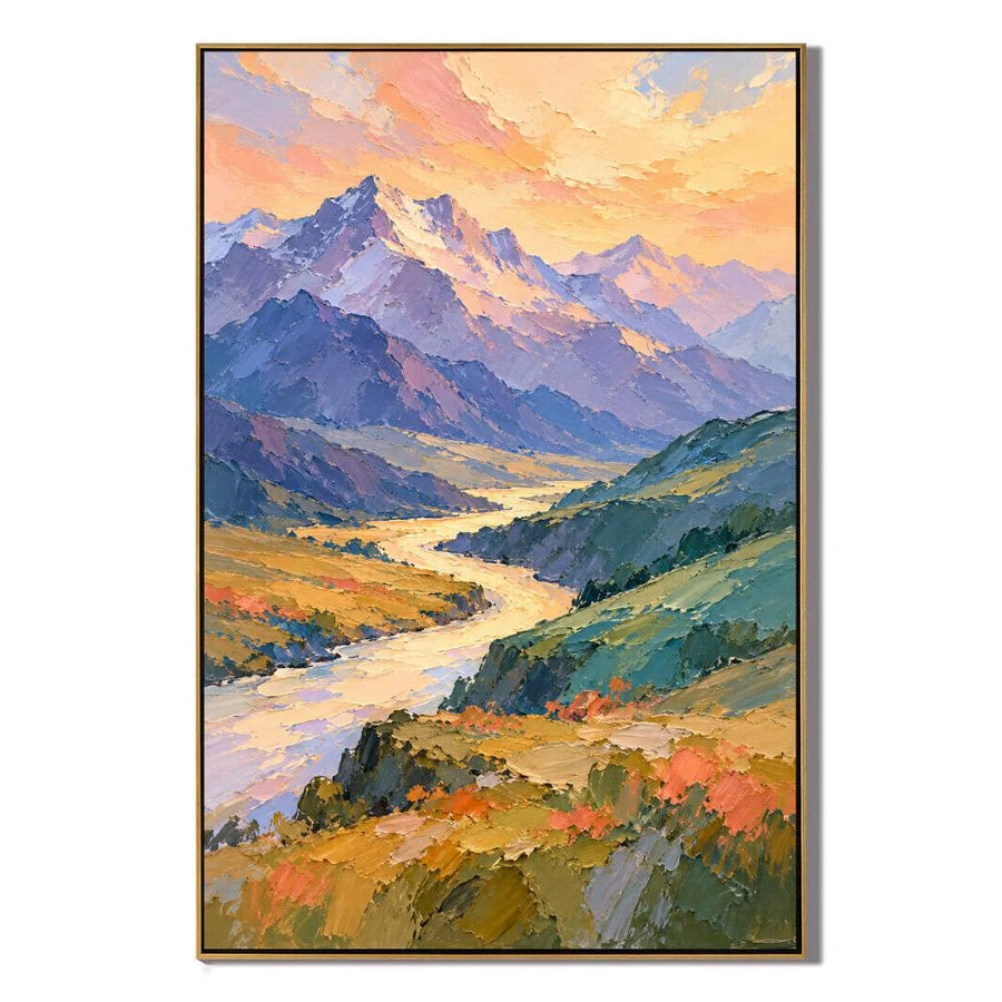 Ownanart Hand-Painted Sunset Mountain Landscape Oil Painting – Purple Peaks, Golden River & Textured Impasto, Vertical Nature Wall Art #OA 1415